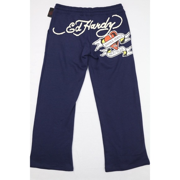 Ed Hardy Womens Broken Hearts  Sweatpants Wide Leg Y2K Navy Eclipse L  Fleece - Picture 12 of 16